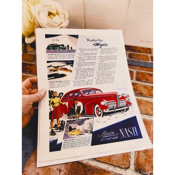 1940 Vintage Nash Red Car Print Ad with Couple Ice Skating on Pond 21.25mpg - Picture 7 of 10